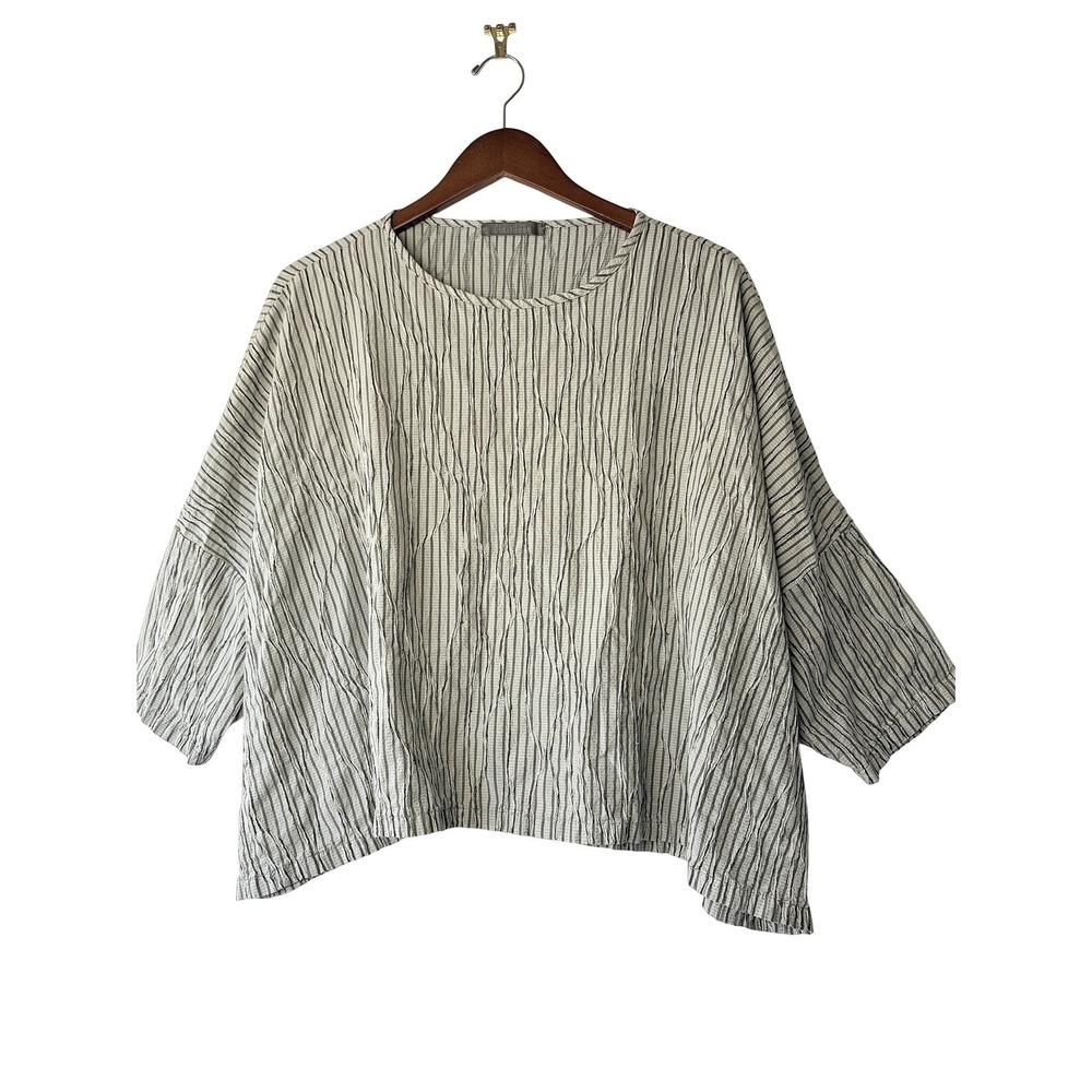 Cut Loose Sage Green Cotton Striped Crinkle Boxy Lagenlook Top USA Size 1